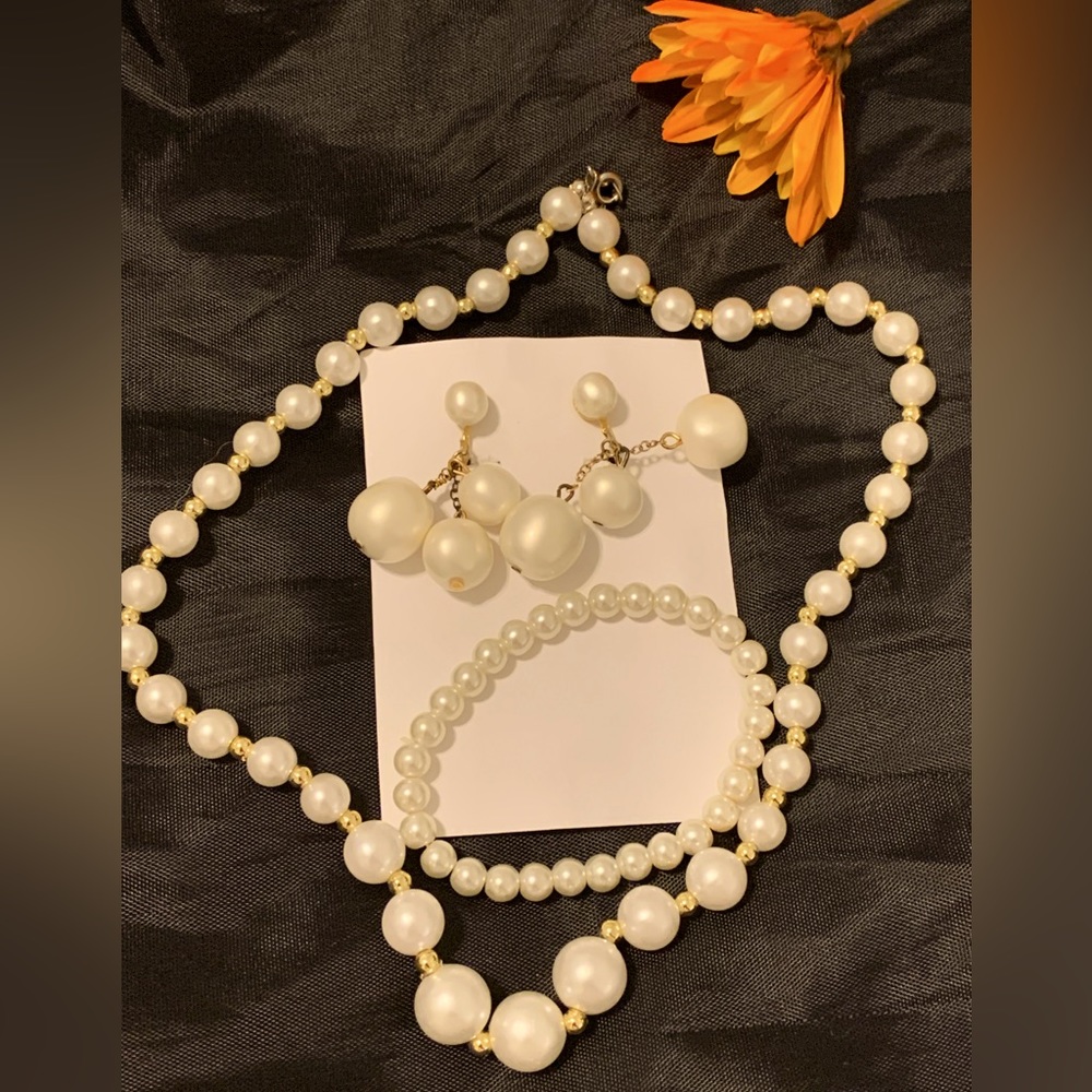 ❤️Pearl Set Necklace Earrings Bracelet Faux Beads Vintage GoldTone